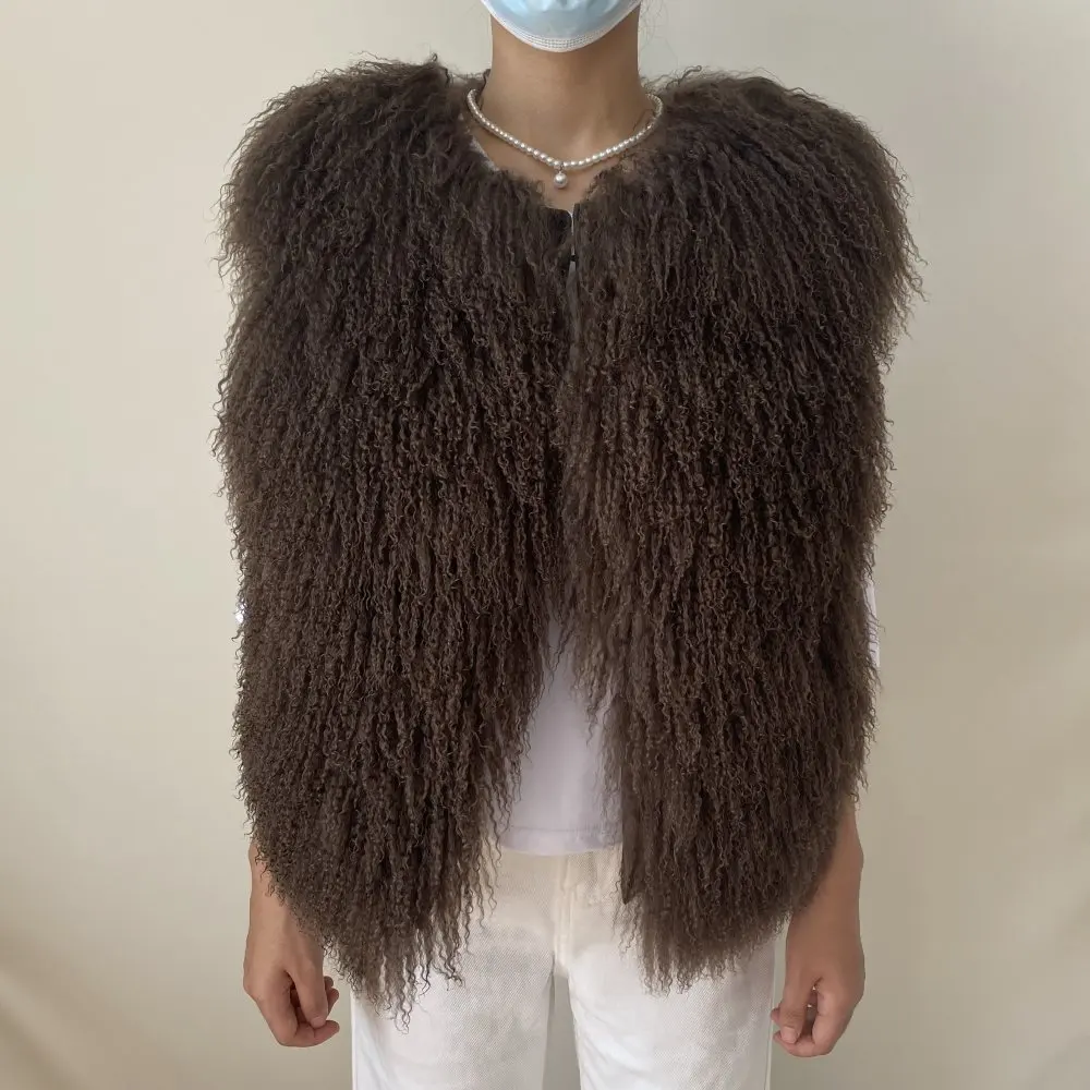 Women's Luxurious Fluffy Warm Mongolian Sheepskin Short Vest Coat Spring Autumn Sexy Wool Outerwear New Collection