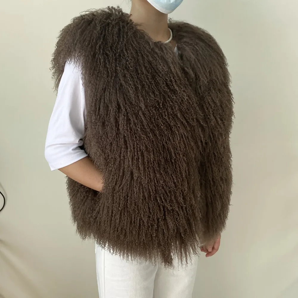 Women's Luxurious Fluffy Warm Mongolian Sheepskin Short Vest Coat Spring Autumn Sexy Wool Outerwear New Collection