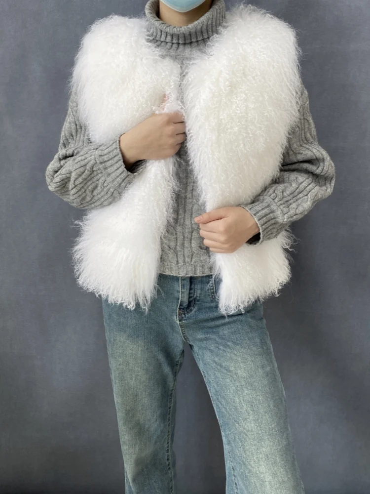 Women's Luxurious Fluffy Warm Mongolian Sheepskin Short Vest Coat Spring Autumn Sexy Wool Outerwear New Collection