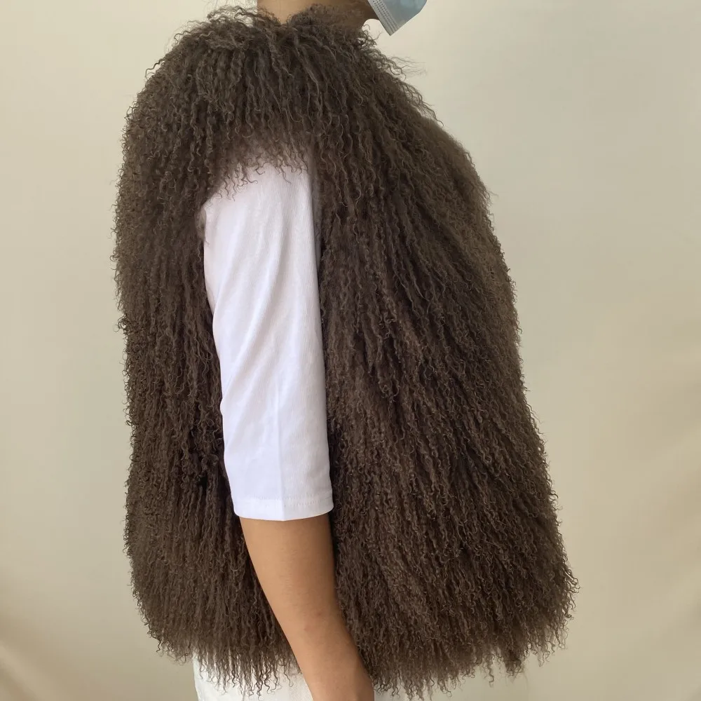 Women's Luxurious Fluffy Warm Mongolian Sheepskin Short Vest Coat Spring Autumn Sexy Wool Outerwear New Collection