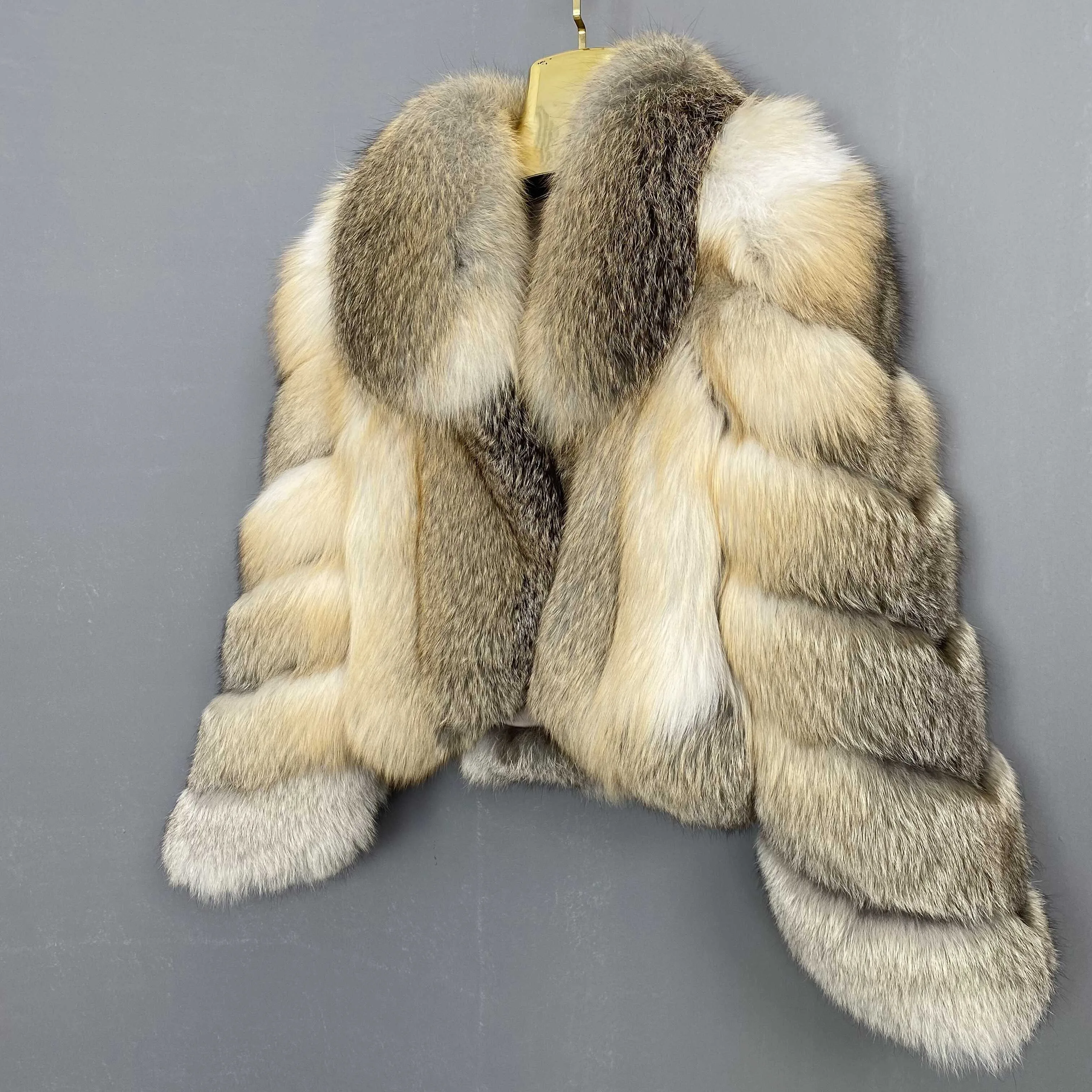 Women's Fur Real Fox Fur Coat Long Sleeve Luxury Natural Fox Cloth Turn Down Collar