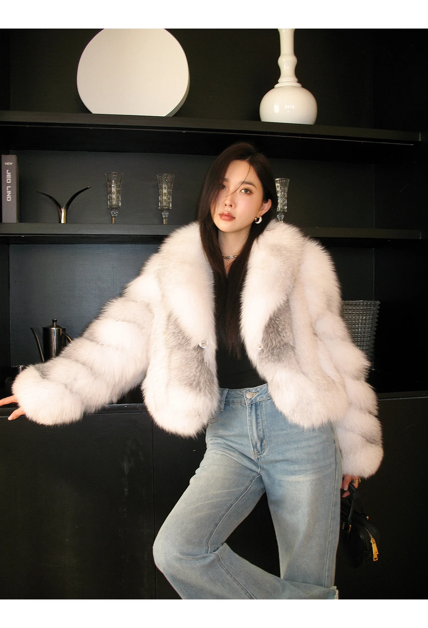 Women's Fur Real Fox Fur Coat Long Sleeve Luxury Natural Fox Cloth Turn Down Collar