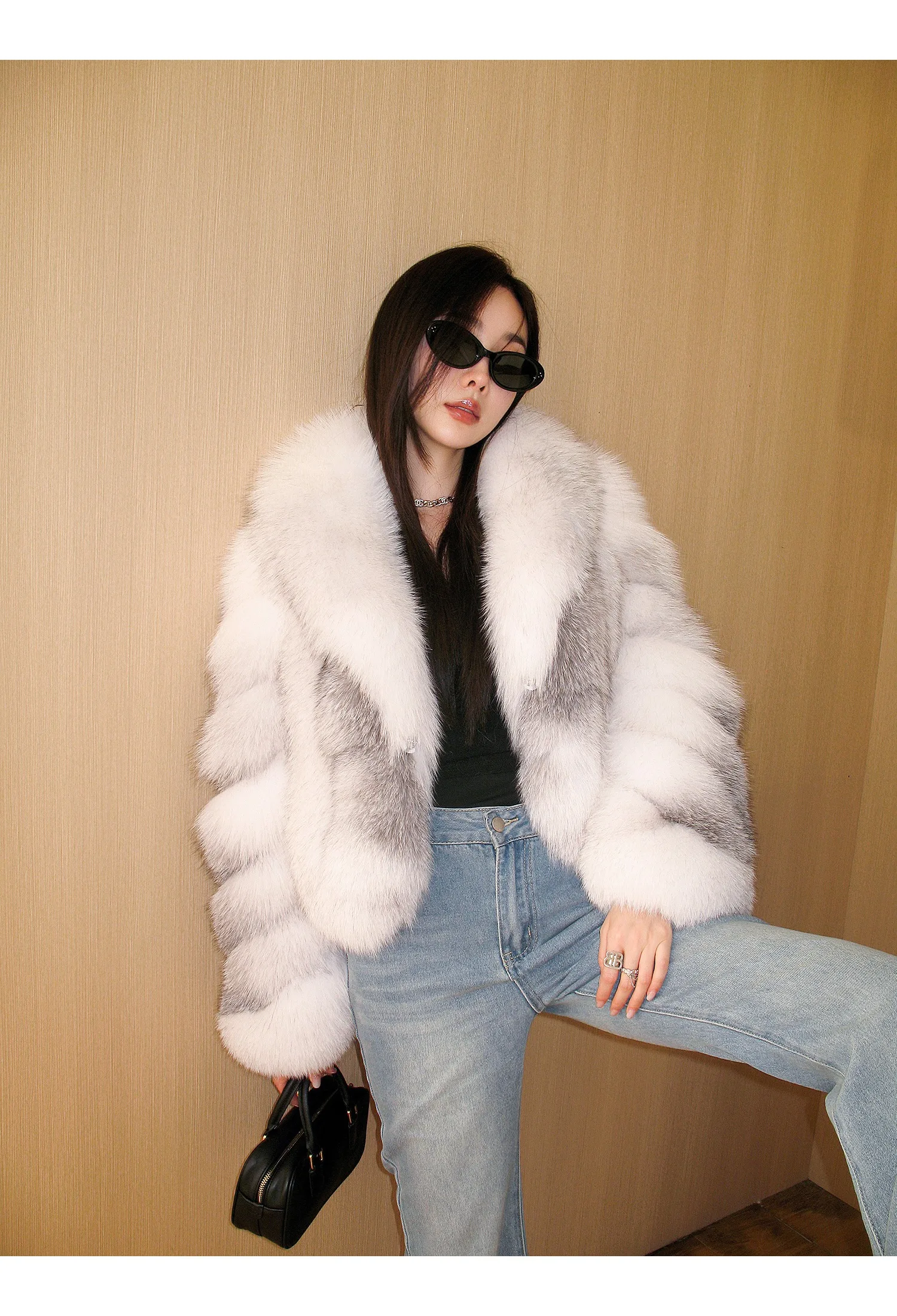 Women's Fur Real Fox Fur Coat Long Sleeve Luxury Natural Fox Cloth Turn Down Collar
