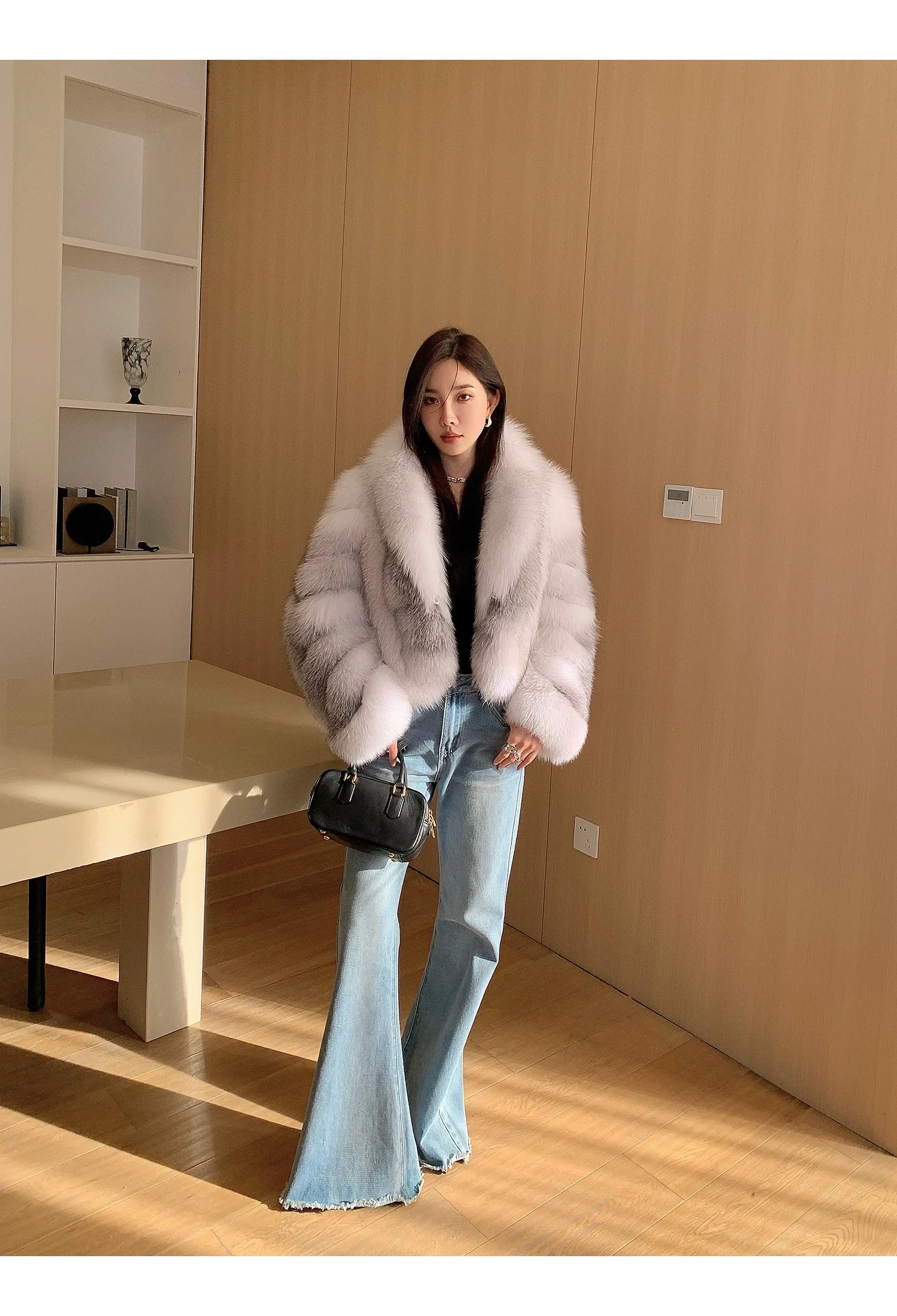 Women's Fur Real Fox Fur Coat Long Sleeve Luxury Natural Fox Cloth Turn Down Collar
