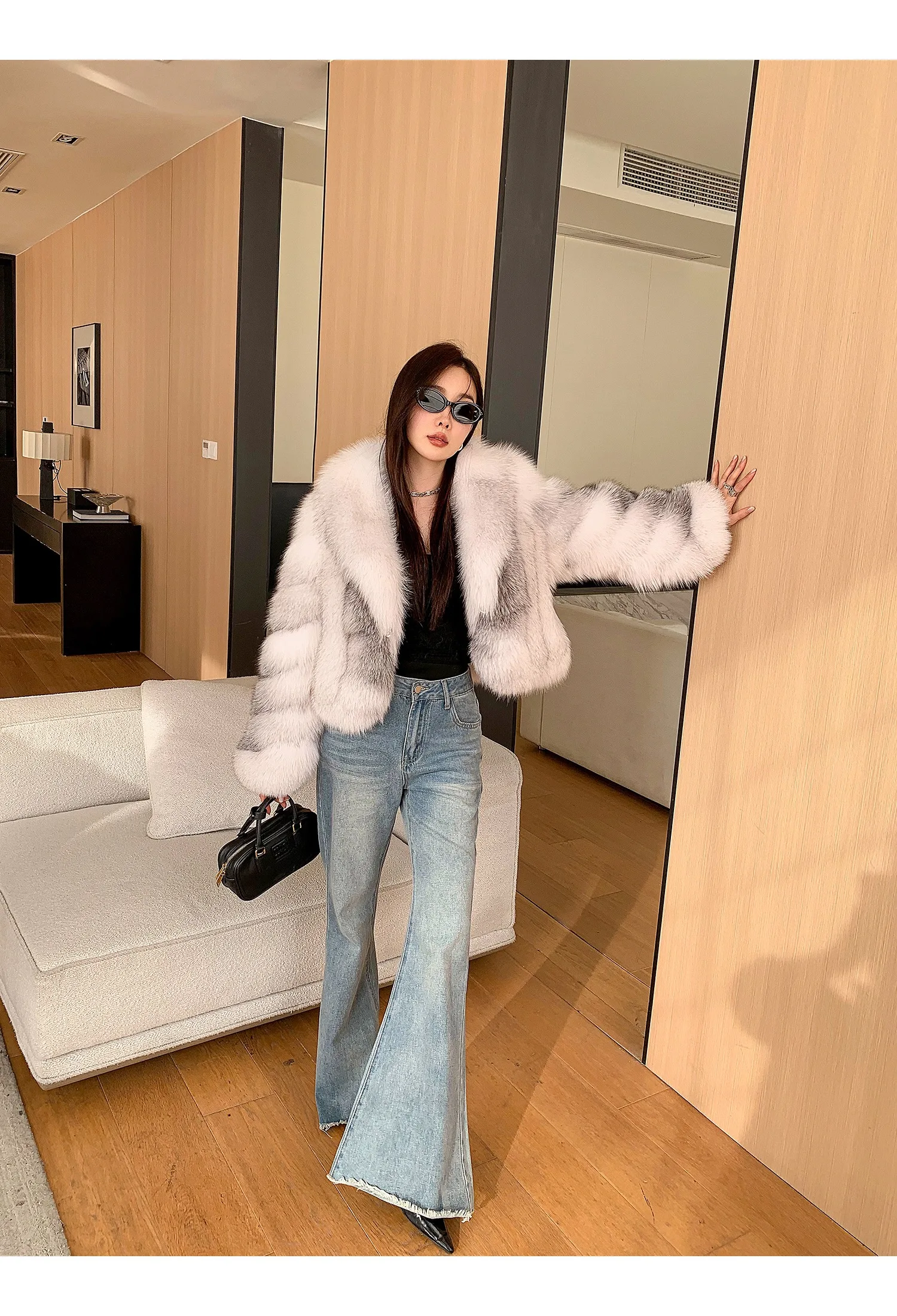 Women's Fur Real Fox Fur Coat Long Sleeve Luxury Natural Fox Cloth Turn Down Collar