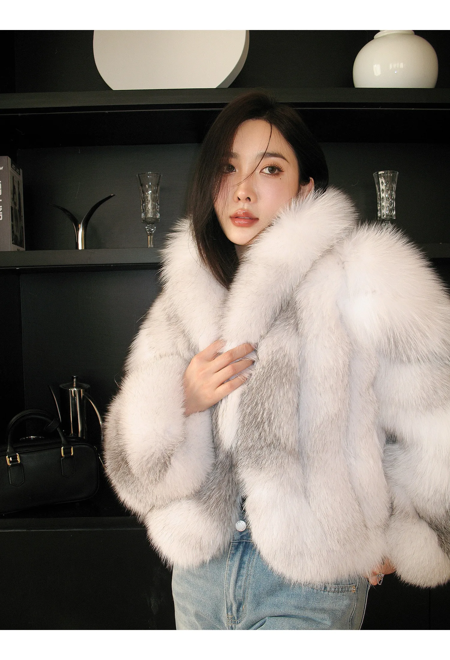 Women's Fur Real Fox Fur Coat Long Sleeve Luxury Natural Fox Cloth Turn Down Collar