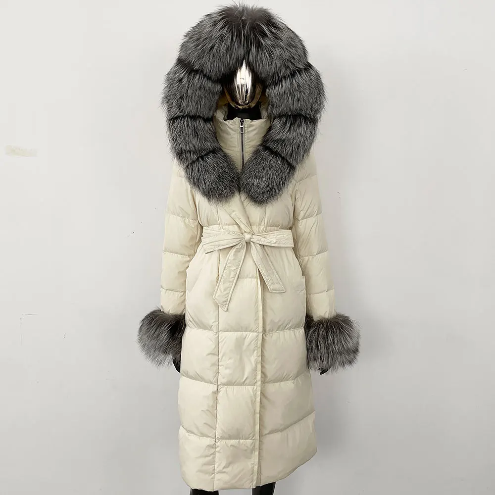 OFTBUY 2024 Long Winter Jacket Women Natural Real Raccoon Fox Fur Collar Hooded White Duck Down Coat Thick Warm Casual Outerwear