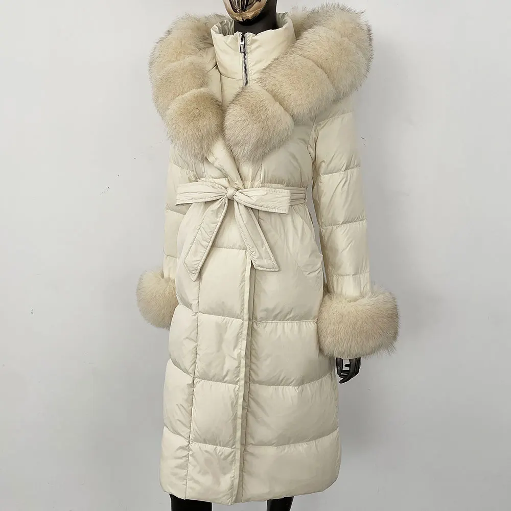 OFTBUY 2024 Long Winter Jacket Women Natural Real Raccoon Fox Fur Collar Hooded White Duck Down Coat Thick Warm Casual Outerwear