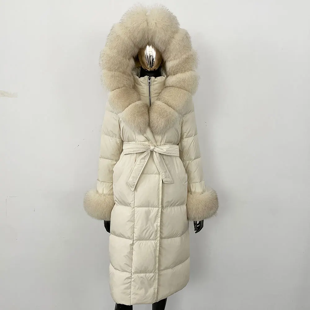 OFTBUY 2024 Long Winter Jacket Women Natural Real Raccoon Fox Fur Collar Hooded White Duck Down Coat Thick Warm Casual Outerwear