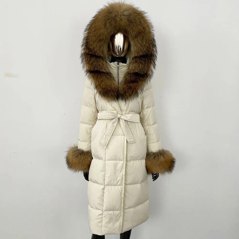 OFTBUY 2024 Long Winter Jacket Women Natural Real Raccoon Fox Fur Collar Hooded White Duck Down Coat Thick Warm Casual Outerwear