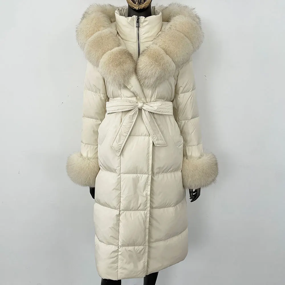 OFTBUY 2024 Long Winter Jacket Women Natural Real Raccoon Fox Fur Collar Hooded White Duck Down Coat Thick Warm Casual Outerwear