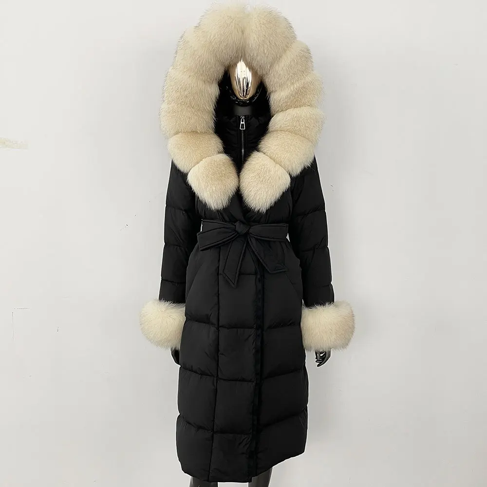 OFTBUY 2024 Long Winter Jacket Women Natural Real Raccoon Fox Fur Collar Hooded White Duck Down Coat Thick Warm Casual Outerwear