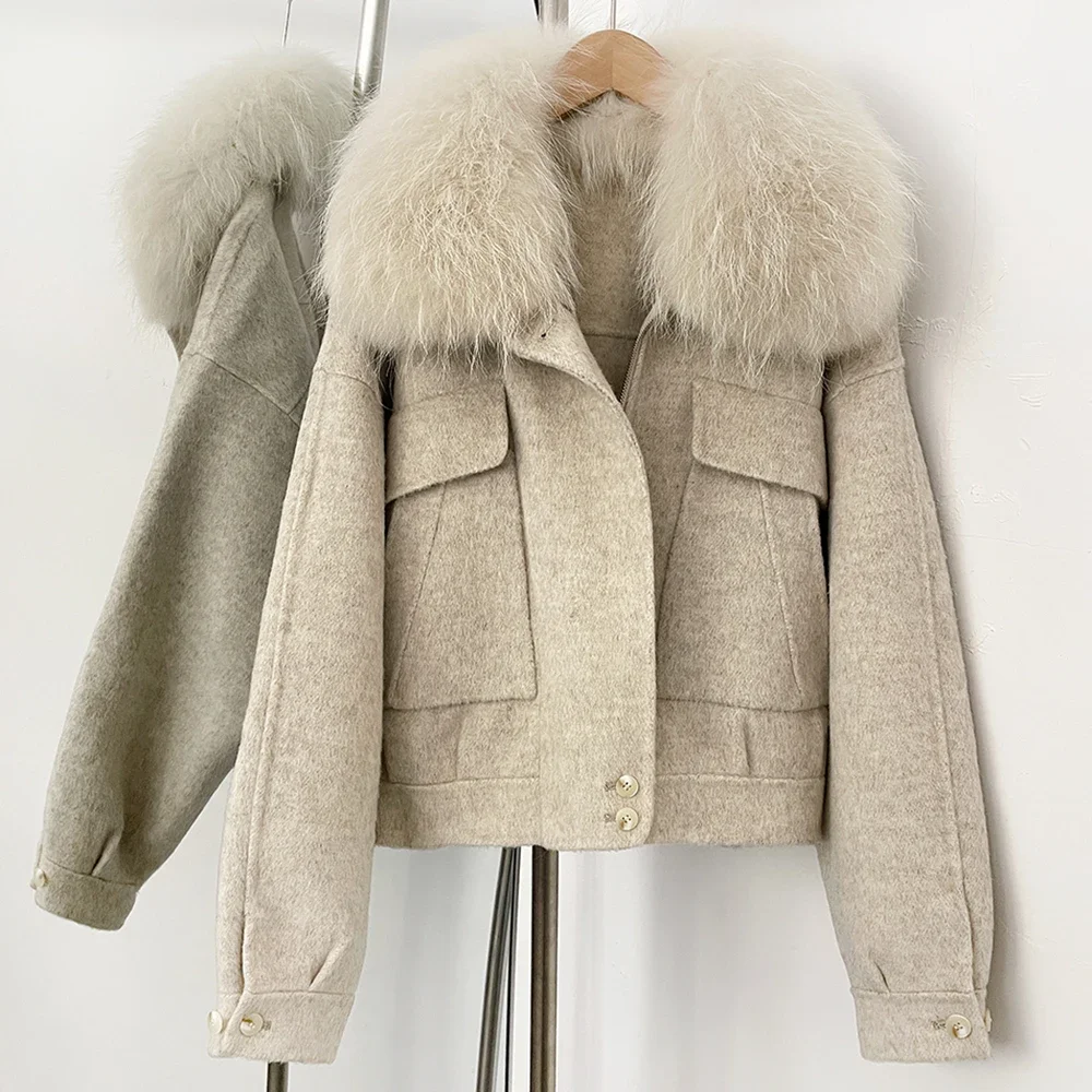 OFTBUY New Autumn Winter Real Fox Fur Top Clothes Women Short 100% Wool Coat Fahsion Natural Fur Cashmere Woolen Jacket Female