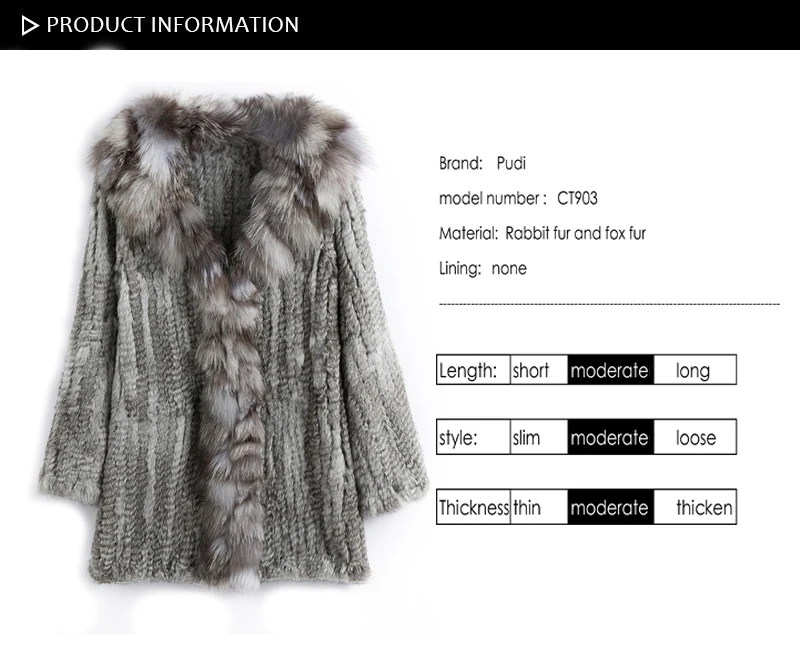 CT903 Pudi New Autumn Women Genuine Rabbit Fur Coat With Real Fox Collar Lady Casual Winter Jacket Trench