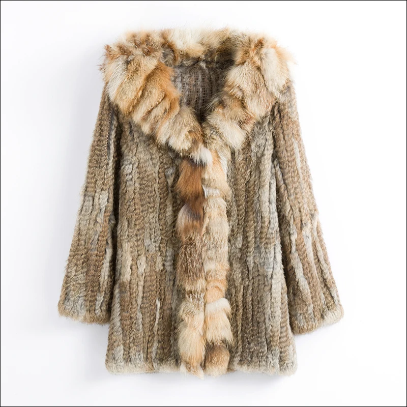 CT903 Pudi New Autumn Women Genuine Rabbit Fur Coat With Real Fox Collar Lady Casual Winter Jacket Trench