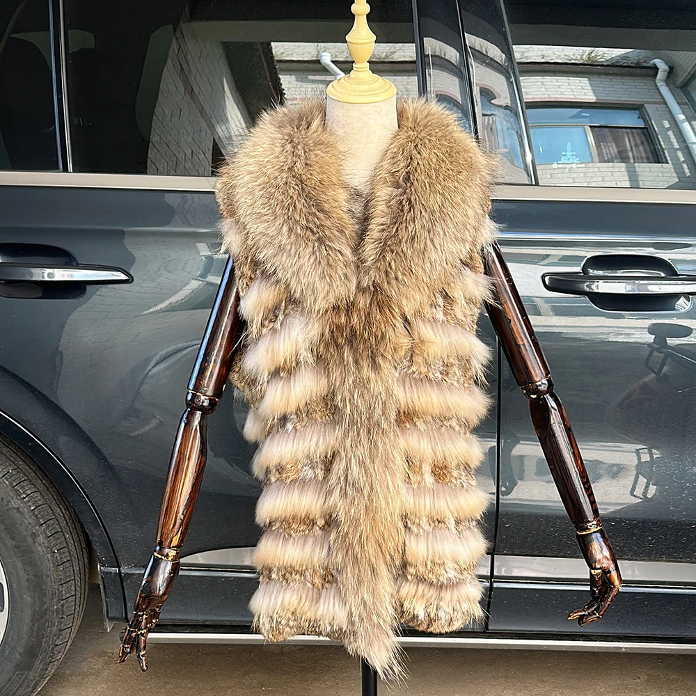 Women Knitted Handmade Real Rabbit Fur Vest Gilet Sleeveless Garment Waistcoat Female Natural Raccoon Fur Coat Jacket