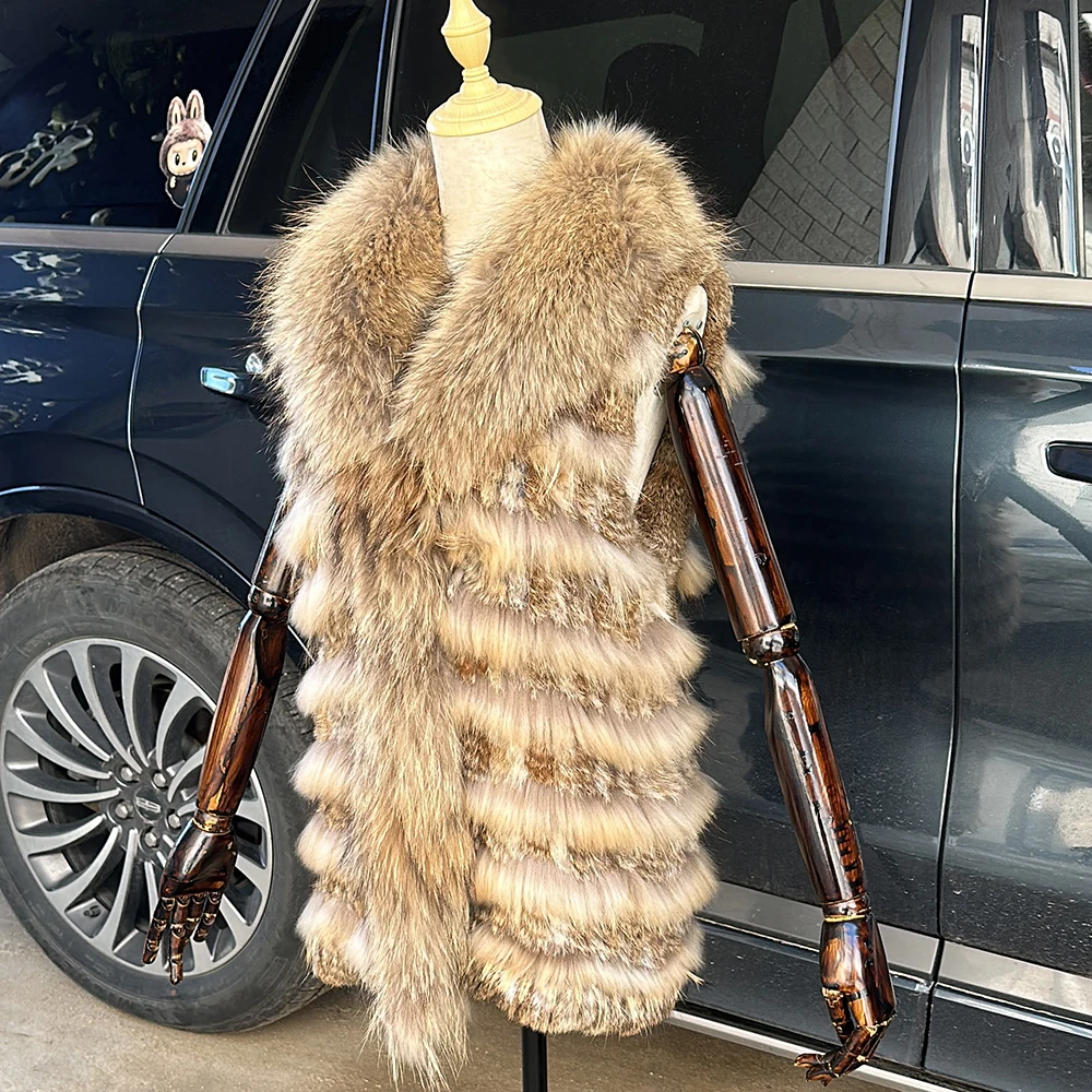 Women Knitted Handmade Real Rabbit Fur Vest Gilet Sleeveless Garment Waistcoat Female Natural Raccoon Fur Coat Jacket