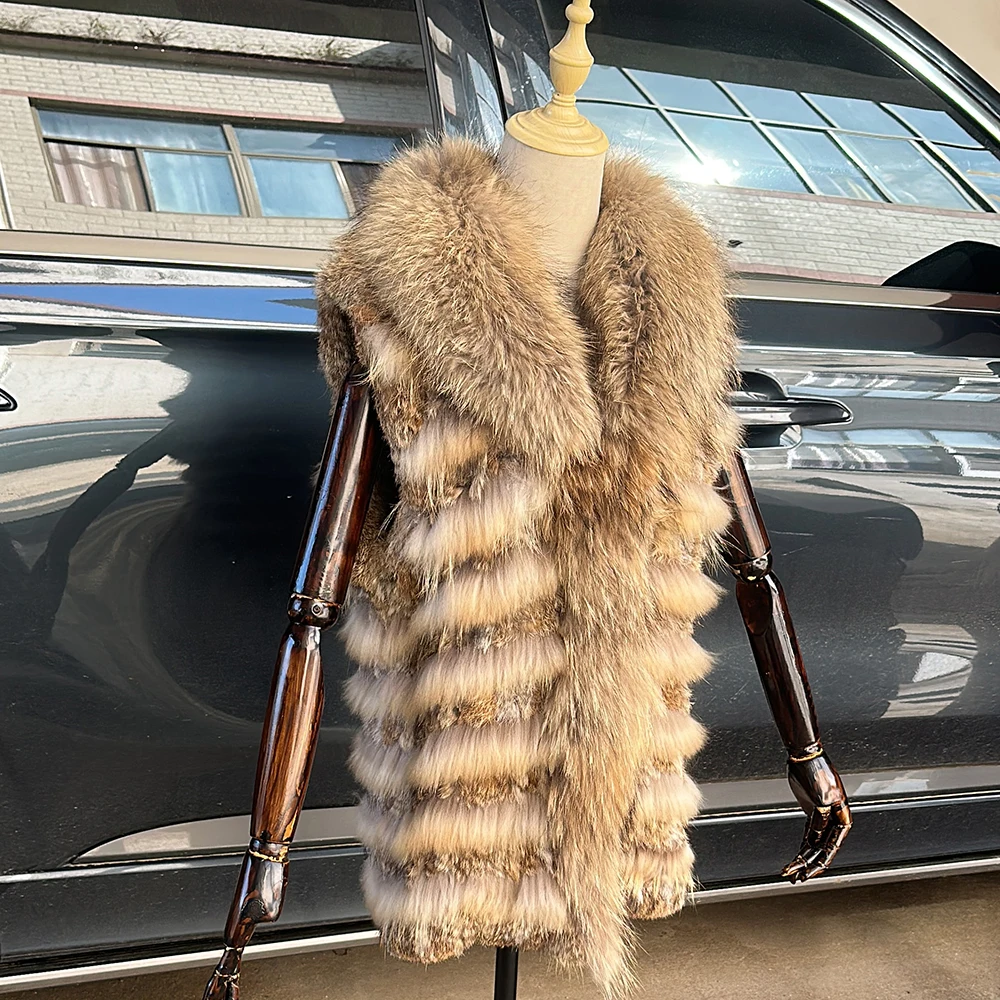 Women Knitted Handmade Real Rabbit Fur Vest Gilet Sleeveless Garment Waistcoat Female Natural Raccoon Fur Coat Jacket