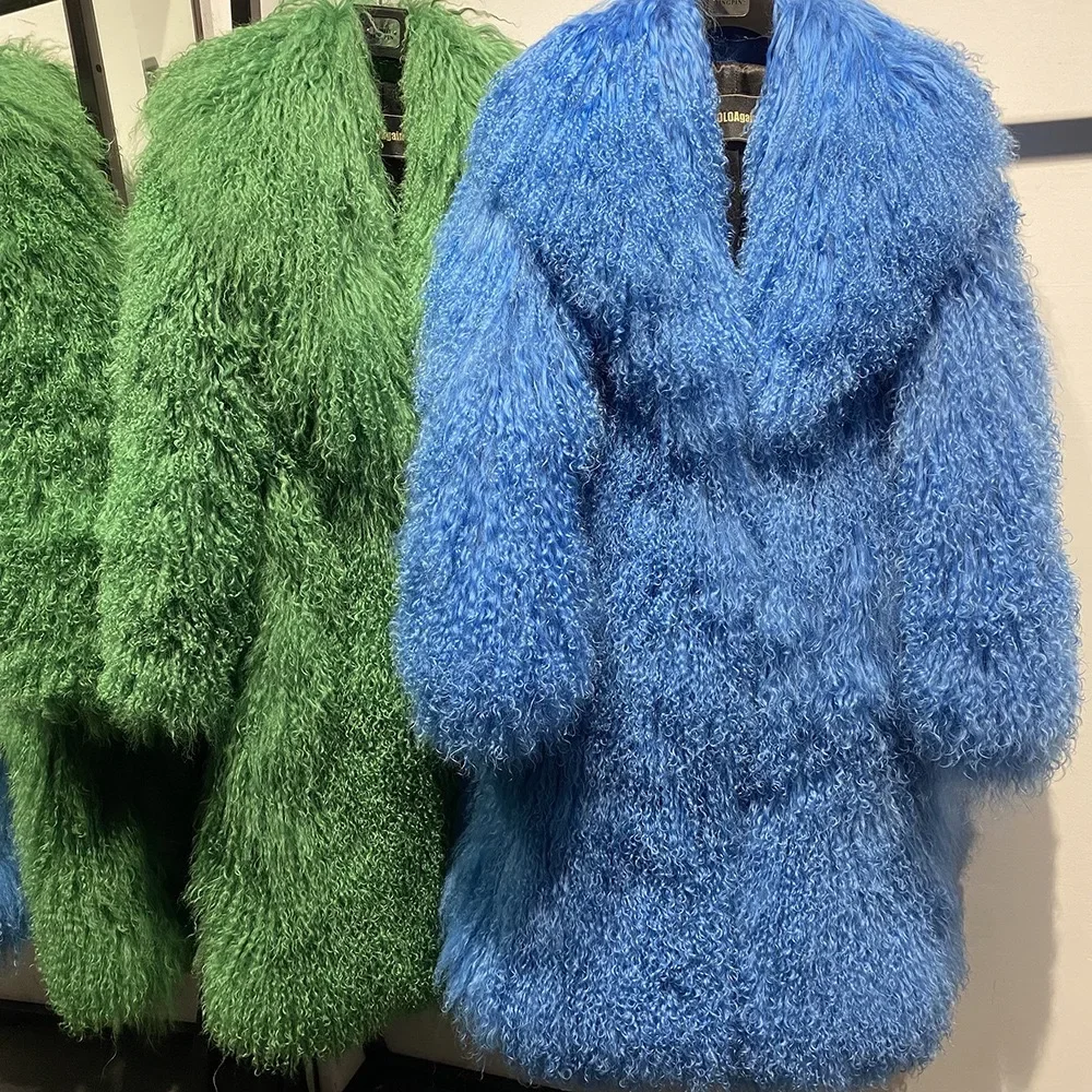 Mongolia Sheep Fur New brand real fur Long genuine fur coat Mongolia Sheep Fur long sleeves women's warm jacket