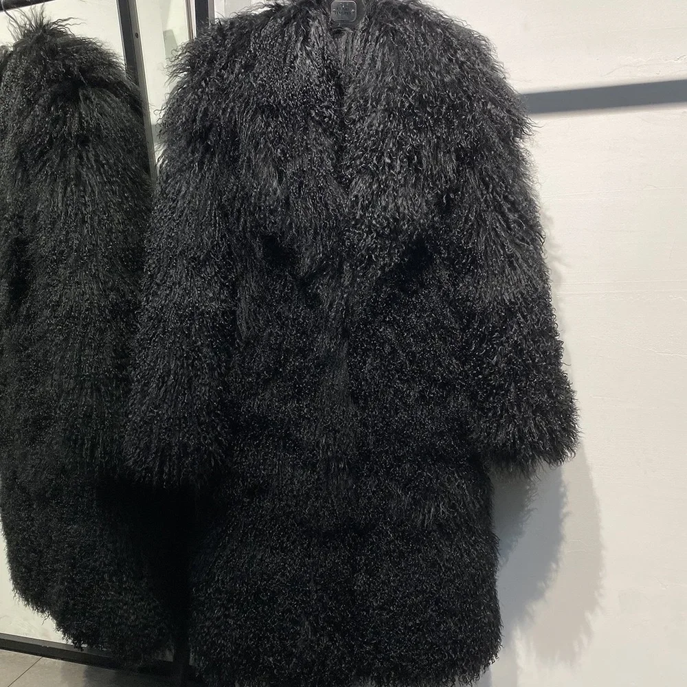 Mongolia Sheep Fur New brand real fur Long genuine fur coat Mongolia Sheep Fur long sleeves women's warm jacket