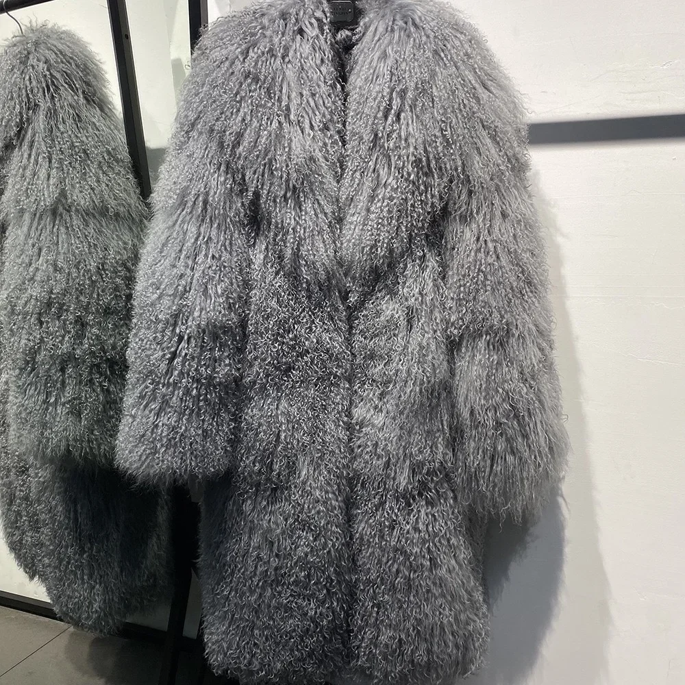 Mongolia Sheep Fur New brand real fur Long genuine fur coat Mongolia Sheep Fur long sleeves women's warm jacket