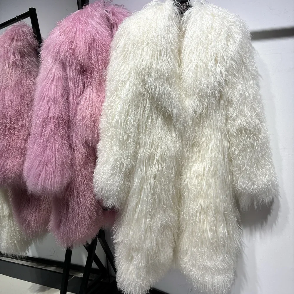 Mongolia Sheep Fur New brand real fur Long genuine fur coat Mongolia Sheep Fur long sleeves women's warm jacket