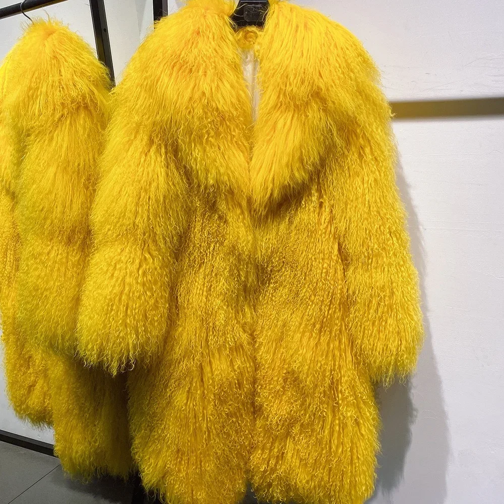 Mongolia Sheep Fur New brand real fur Long genuine fur coat Mongolia Sheep Fur long sleeves women's warm jacket