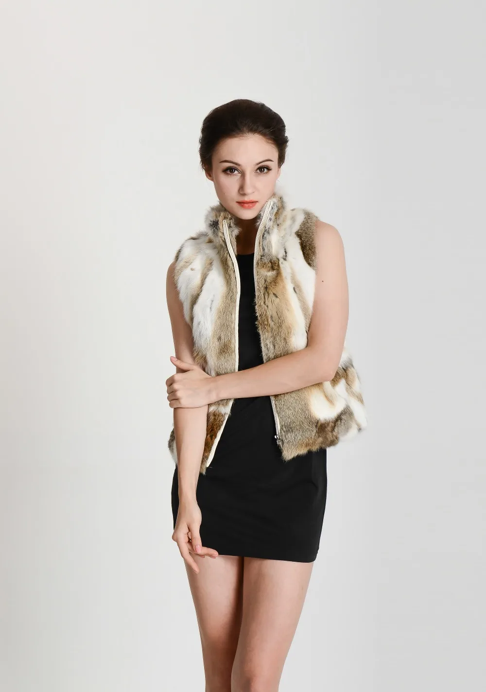 New Women Real Natural Rabbit Fur Zipper Vest High collar Fur Waist vest wfp400 Female Top