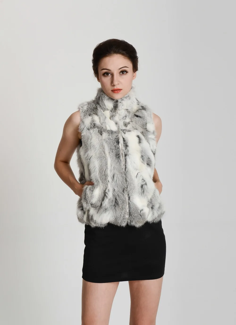 New Women Real Natural Rabbit Fur Zipper Vest High collar Fur Waist vest wfp400 Female Top