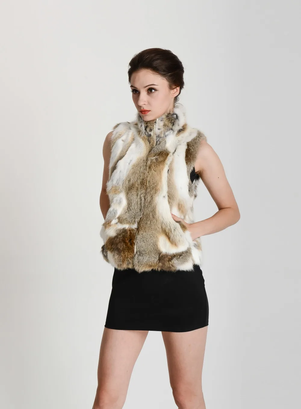 New Women Real Natural Rabbit Fur Zipper Vest High collar Fur Waist vest wfp400 Female Top