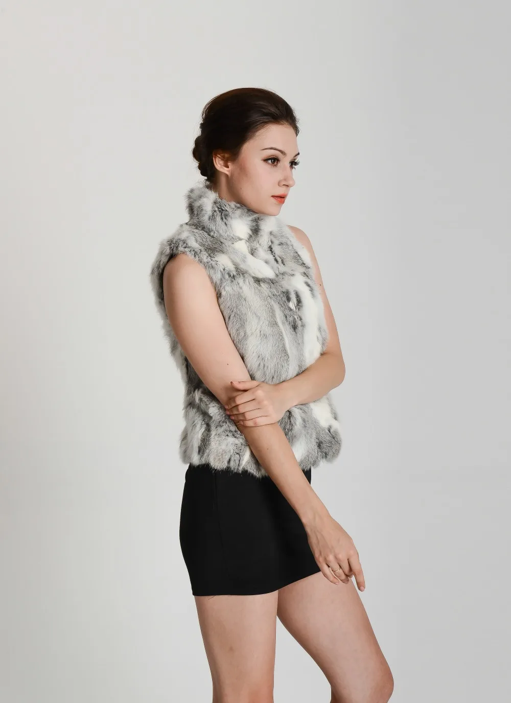 New Women Real Natural Rabbit Fur Zipper Vest High collar Fur Waist vest wfp400 Female Top