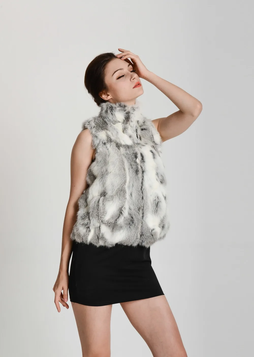 New Women Real Natural Rabbit Fur Zipper Vest High collar Fur Waist vest wfp400 Female Top