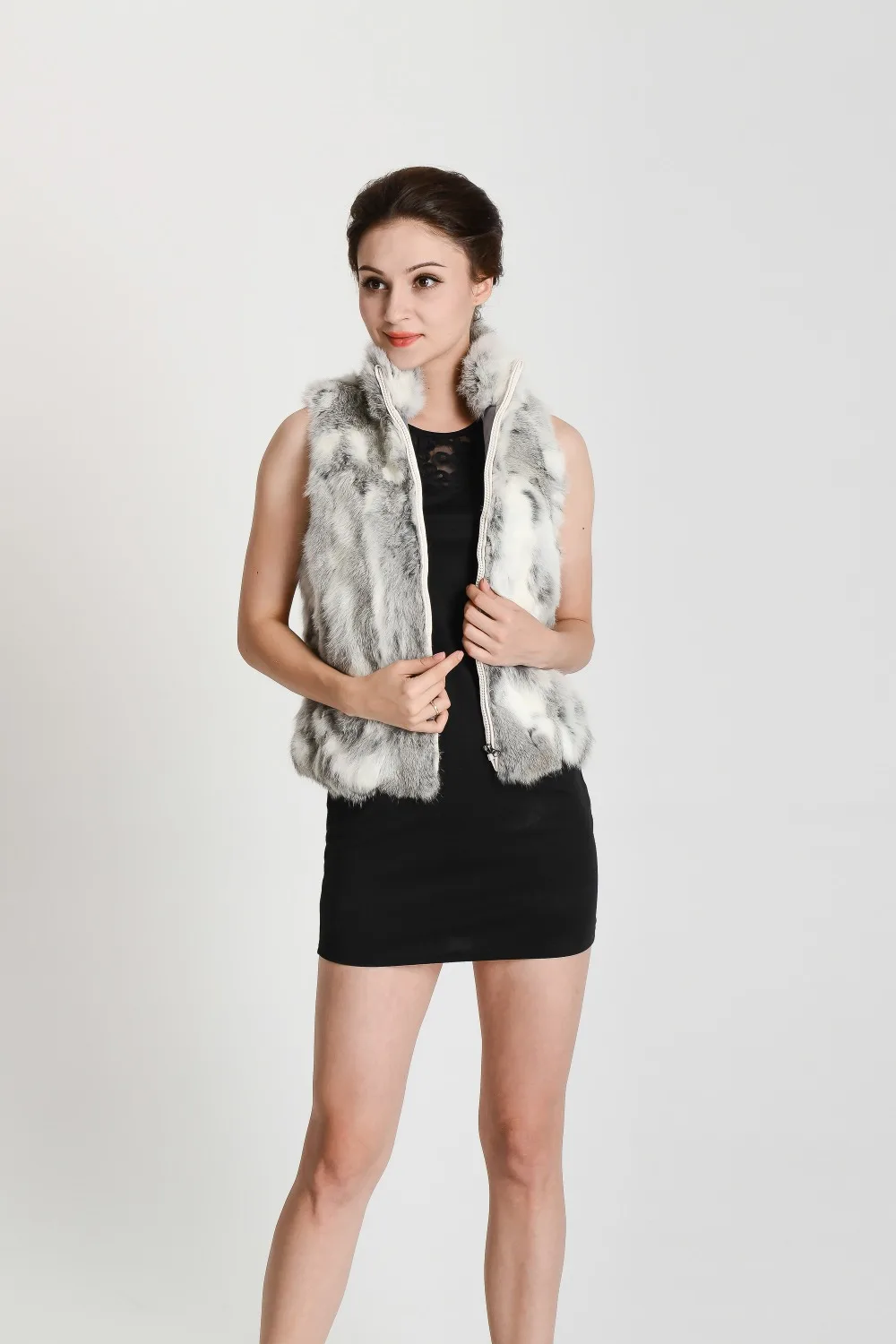 New Women Real Natural Rabbit Fur Zipper Vest High collar Fur Waist vest wfp400 Female Top
