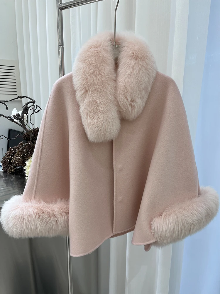 Fashion Winter Lady Real Natural Fox Fur Collar Jacket Wool Cloak Cashmere Warm Coat Detachable Collar Luxury Thick Female Coat