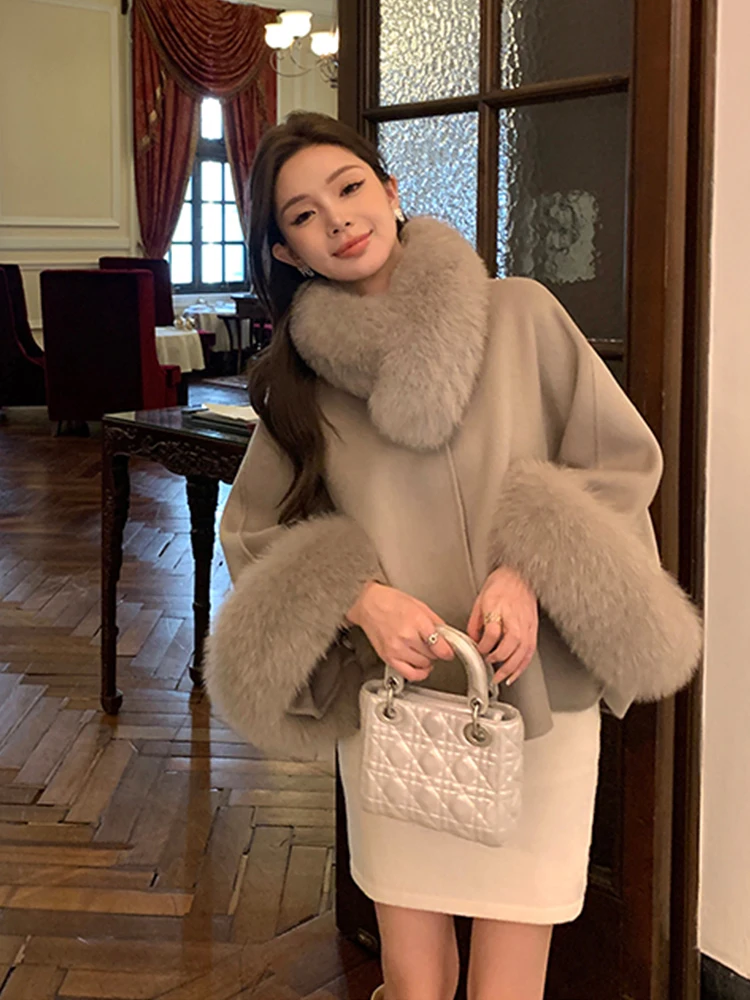 Fashion Winter Lady Real Natural Fox Fur Collar Jacket Wool Cloak Cashmere Warm Coat Detachable Collar Luxury Thick Female Coat