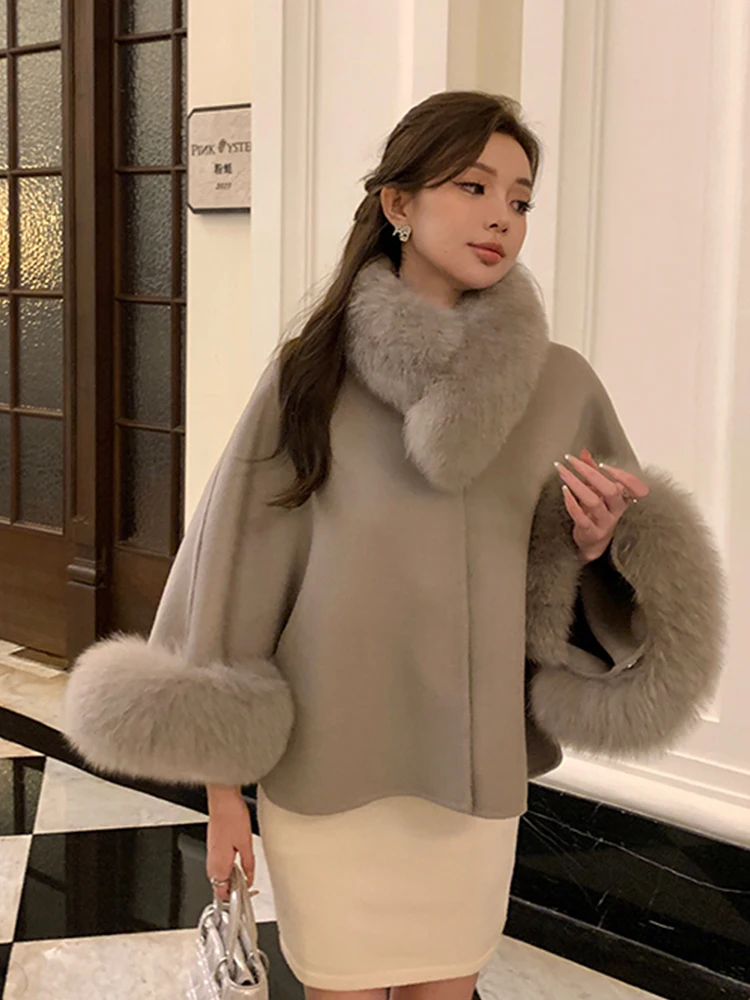 Fashion Winter Lady Real Natural Fox Fur Collar Jacket Wool Cloak Cashmere Warm Coat Detachable Collar Luxury Thick Female Coat