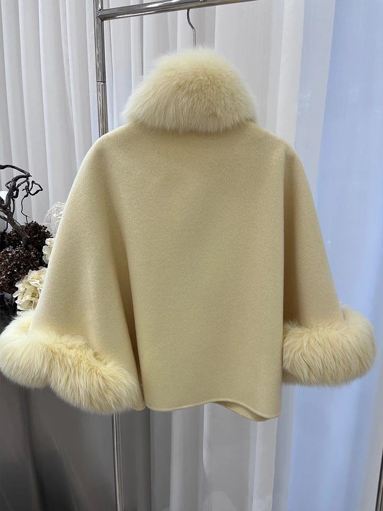 Fashion Winter Lady Real Natural Fox Fur Collar Jacket Wool Cloak Cashmere Warm Coat Detachable Collar Luxury Thick Female Coat