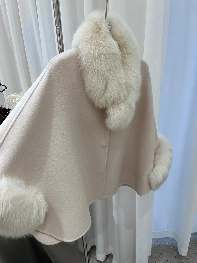 Fashion Winter Lady Real Natural Fox Fur Collar Jacket Wool Cloak Cashmere Warm Coat Detachable Collar Luxury Thick Female Coat