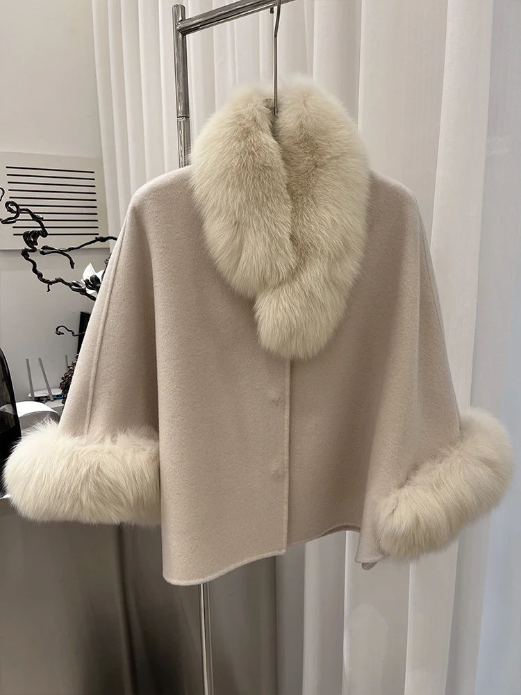 Fashion Winter Lady Real Natural Fox Fur Collar Jacket Wool Cloak Cashmere Warm Coat Detachable Collar Luxury Thick Female Coat