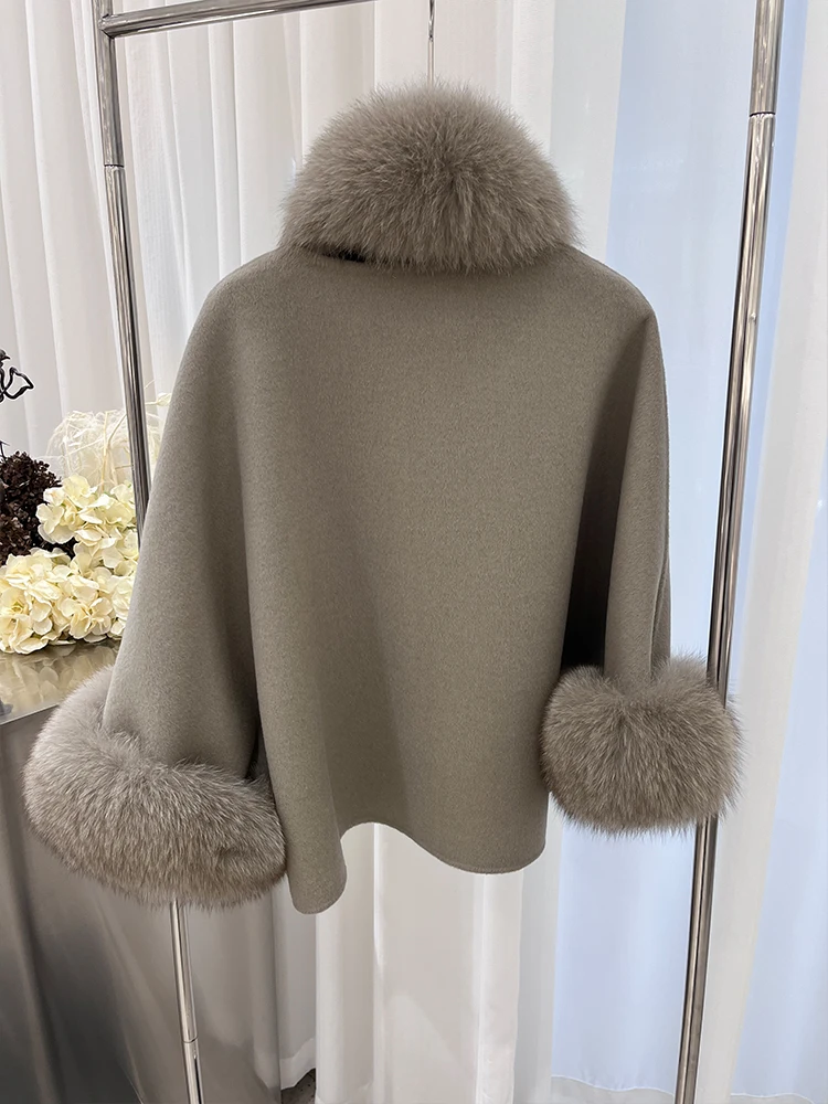 Fashion Winter Lady Real Natural Fox Fur Collar Jacket Wool Cloak Cashmere Warm Coat Detachable Collar Luxury Thick Female Coat