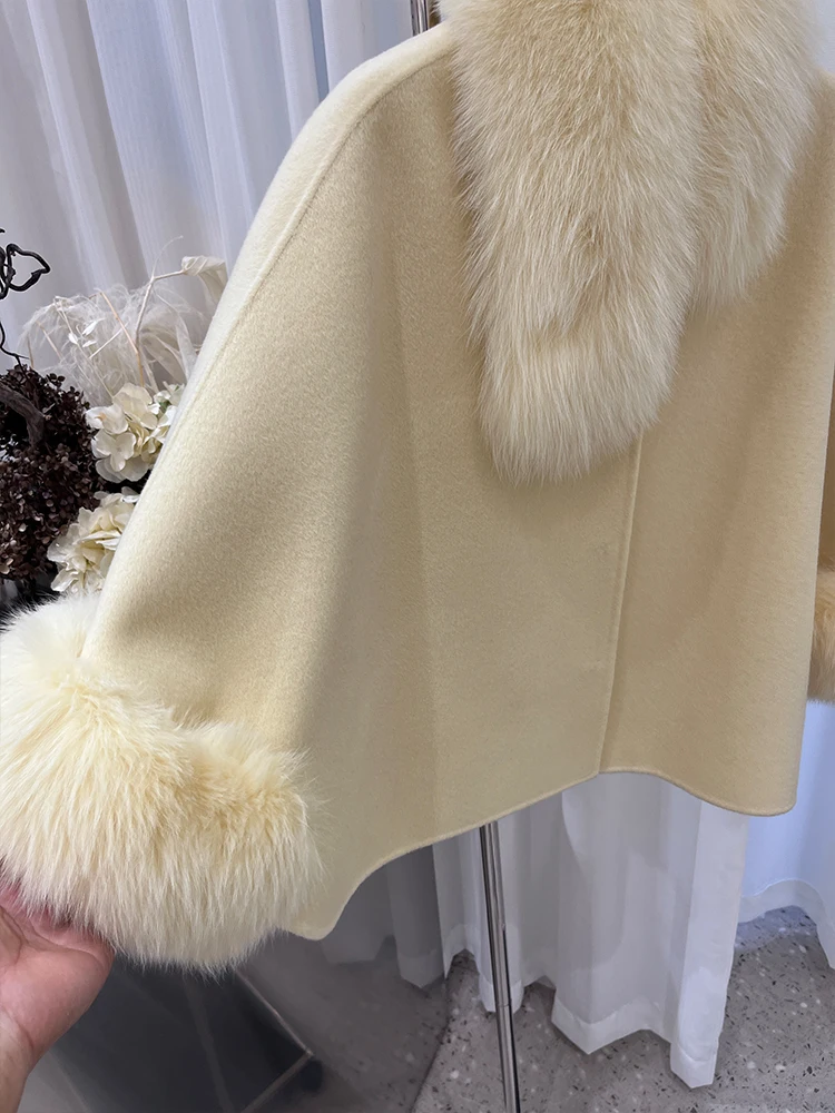Fashion Winter Lady Real Natural Fox Fur Collar Jacket Wool Cloak Cashmere Warm Coat Detachable Collar Luxury Thick Female Coat