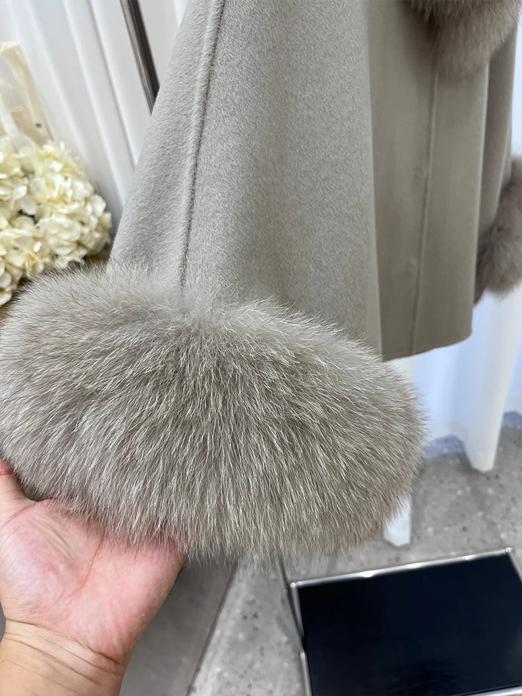 Fashion Winter Lady Real Natural Fox Fur Collar Jacket Wool Cloak Cashmere Warm Coat Detachable Collar Luxury Thick Female Coat