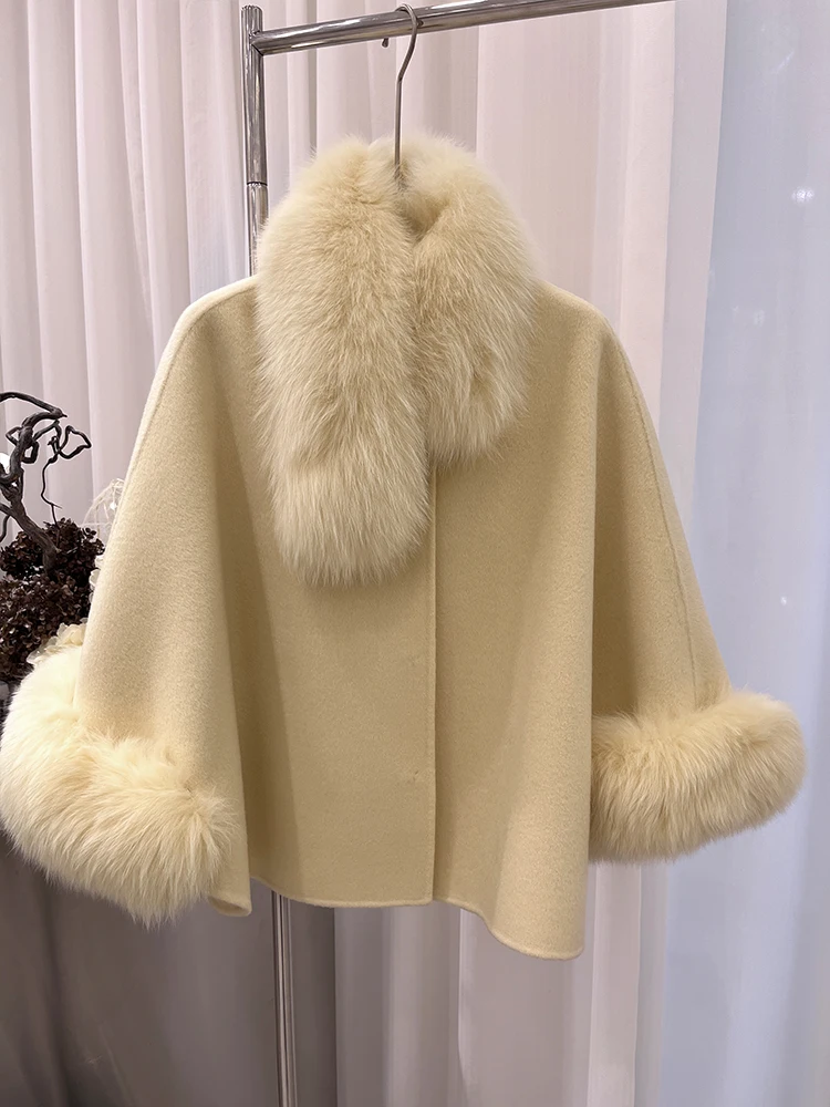 Fashion Winter Lady Real Natural Fox Fur Collar Jacket Wool Cloak Cashmere Warm Coat Detachable Collar Luxury Thick Female Coat