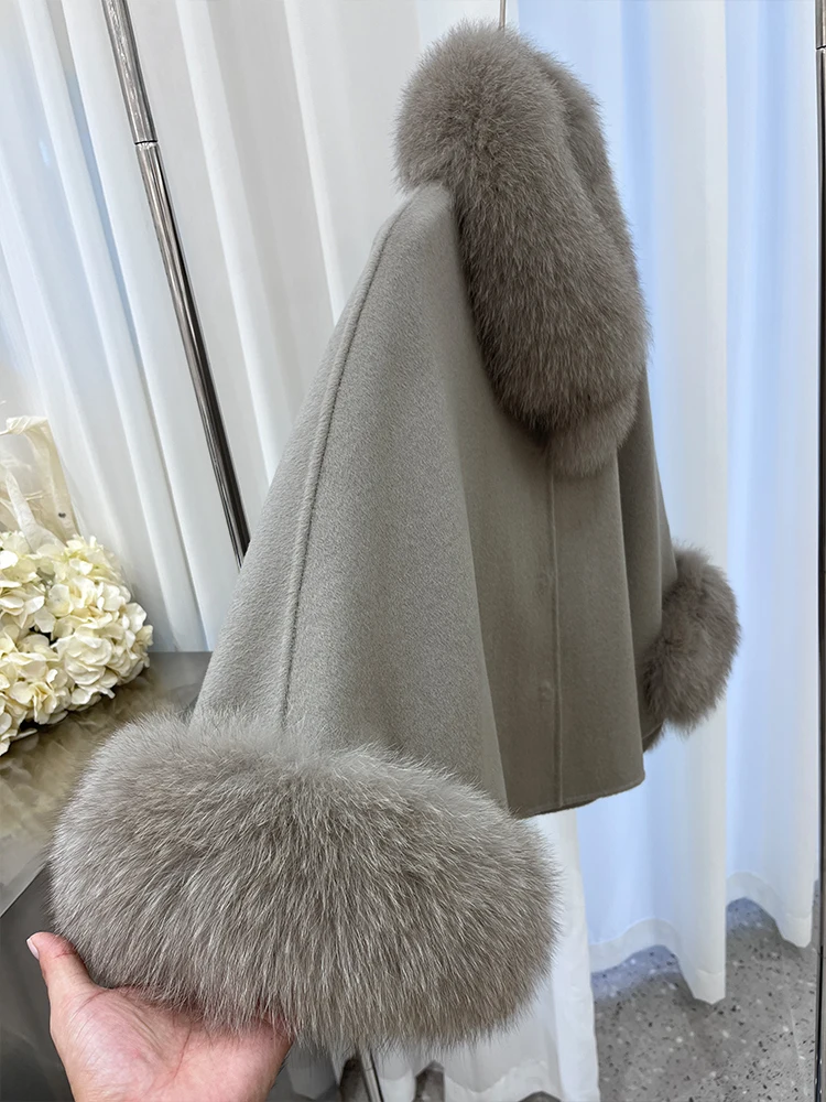 Fashion Winter Lady Real Natural Fox Fur Collar Jacket Wool Cloak Cashmere Warm Coat Detachable Collar Luxury Thick Female Coat