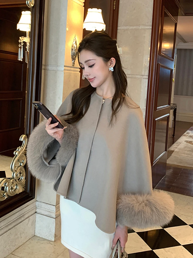 Fashion Winter Lady Real Natural Fox Fur Collar Jacket Wool Cloak Cashmere Warm Coat Detachable Collar Luxury Thick Female Coat