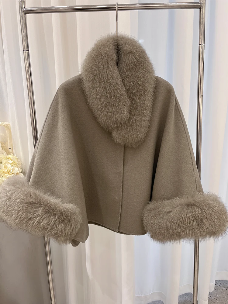 Fashion Winter Lady Real Natural Fox Fur Collar Jacket Wool Cloak Cashmere Warm Coat Detachable Collar Luxury Thick Female Coat
