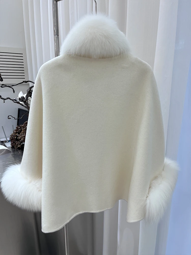 Fashion Winter Lady Real Natural Fox Fur Collar Jacket Wool Cloak Cashmere Warm Coat Detachable Collar Luxury Thick Female Coat