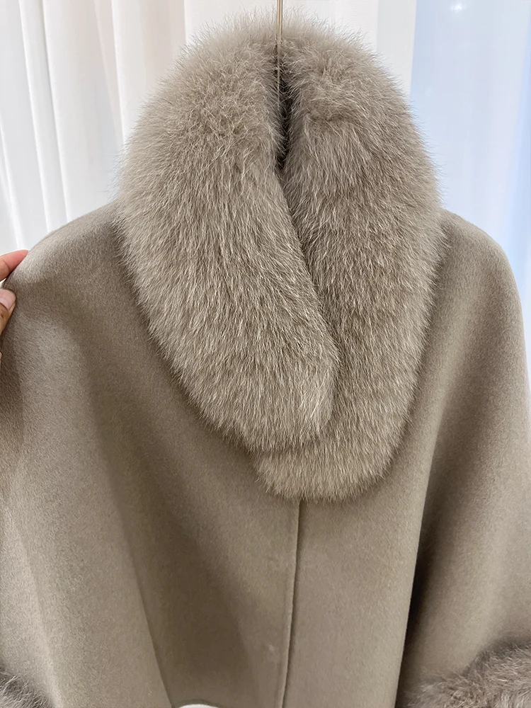 Fashion Winter Lady Real Natural Fox Fur Collar Jacket Wool Cloak Cashmere Warm Coat Detachable Collar Luxury Thick Female Coat