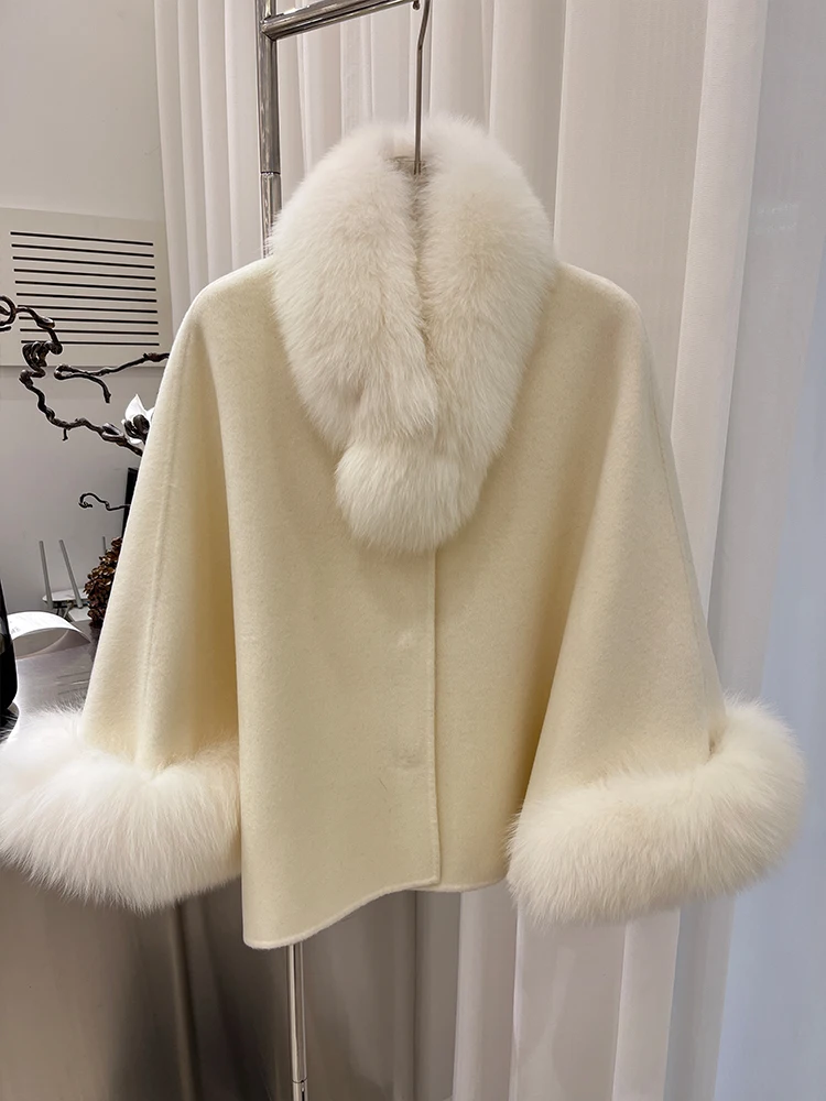 Fashion Winter Lady Real Natural Fox Fur Collar Jacket Wool Cloak Cashmere Warm Coat Detachable Collar Luxury Thick Female Coat