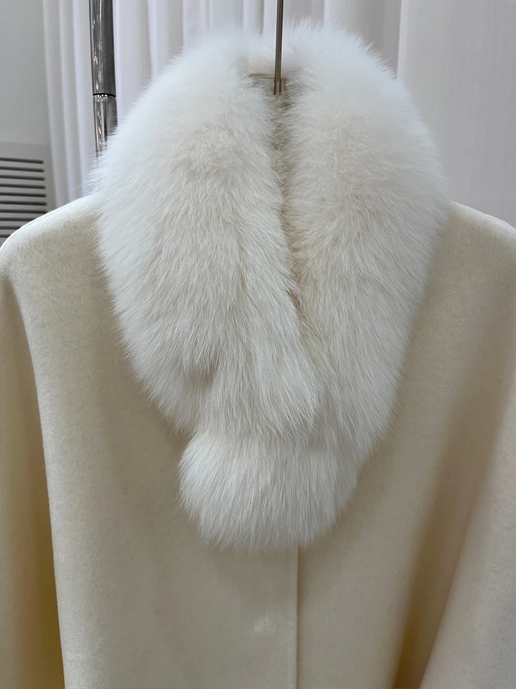 Fashion Winter Lady Real Natural Fox Fur Collar Jacket Wool Cloak Cashmere Warm Coat Detachable Collar Luxury Thick Female Coat